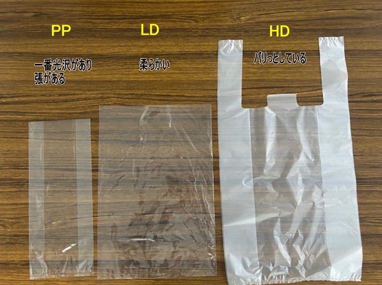 同じ厚さのPP袋とLD袋とHD袋