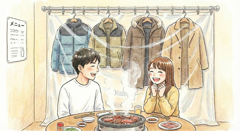 壁にカーテンをして服を吊るす様子