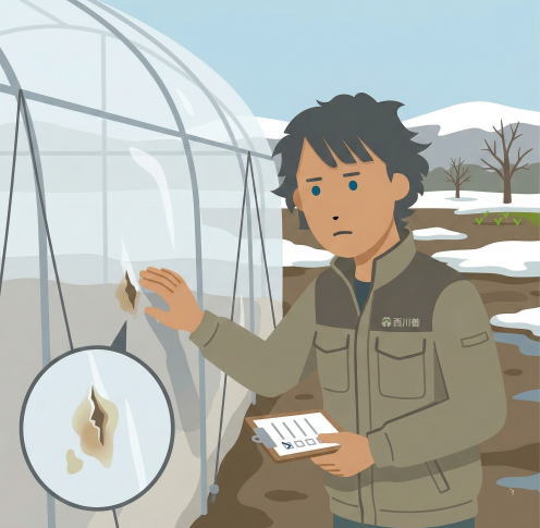 ハウスの点検をしている西川善の農業担当者