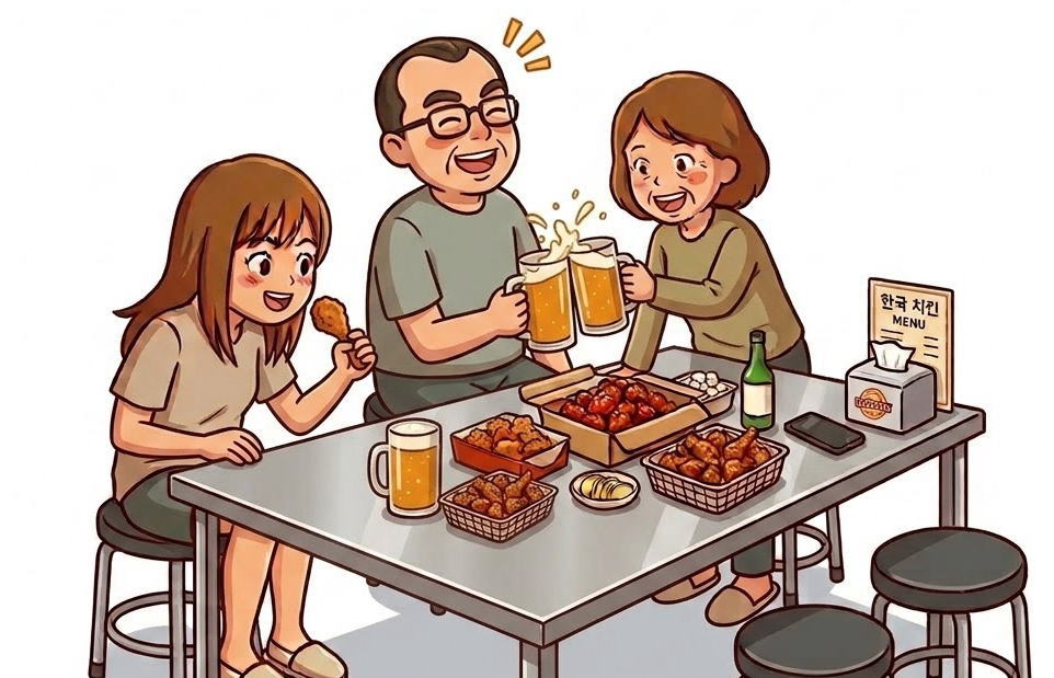チキンで乾杯する親子