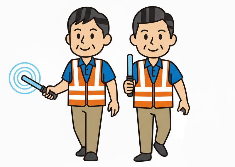 青い信号灯を持ってパトロールしている人たち