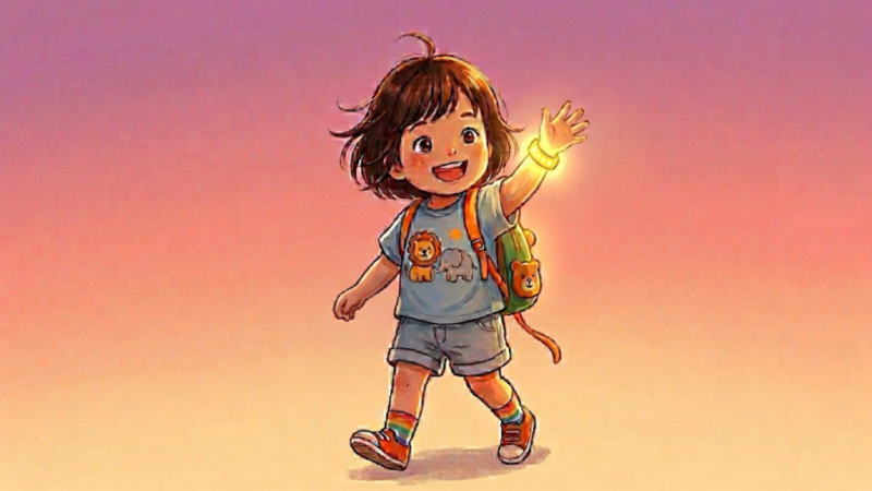 子供がリストバンドを喜んで付け入る様子