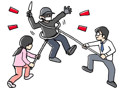 さすまたで強盗を押さえているイラスト