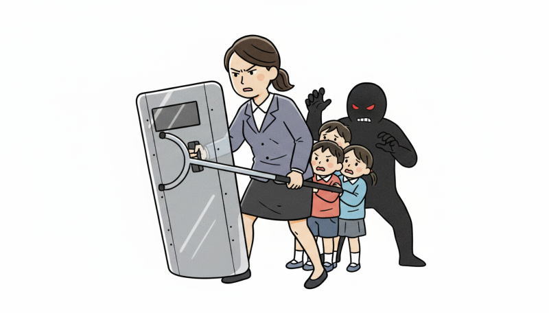 防護楯とさすまたで児童を守る先生