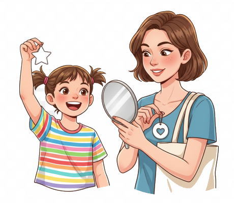 チャームを付けて喜ぶ子供と女性
