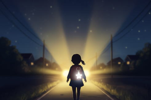 夜道を歩く子供のチャームが反射します。