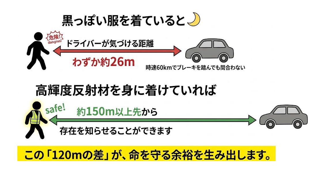 反射材を着けている時と黒い袋きている時のドライバーから発見される距離